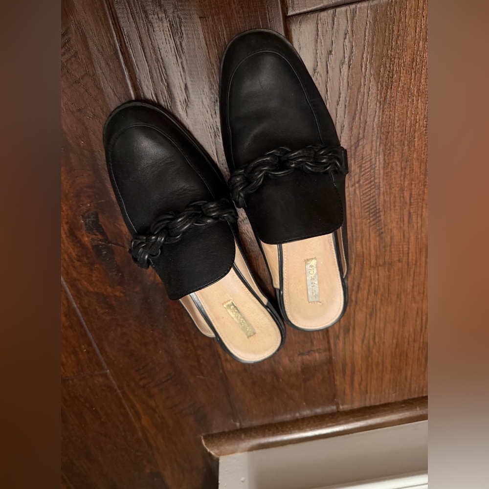 Black leather slides flats